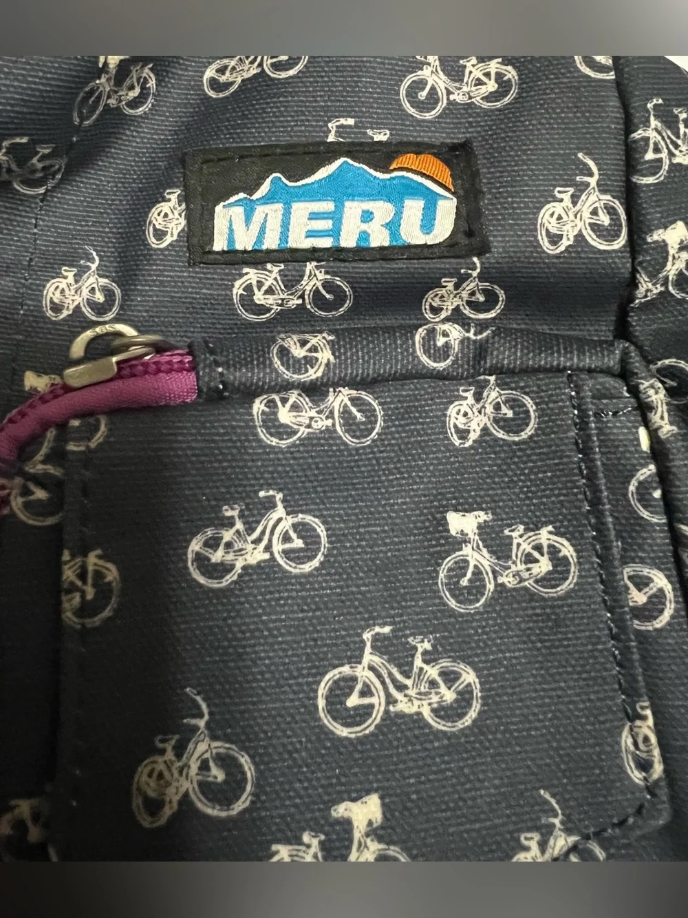 Meru Blue Canvas Sling Bag Cute Bicycle Print  Needs Cleaned See Pics.